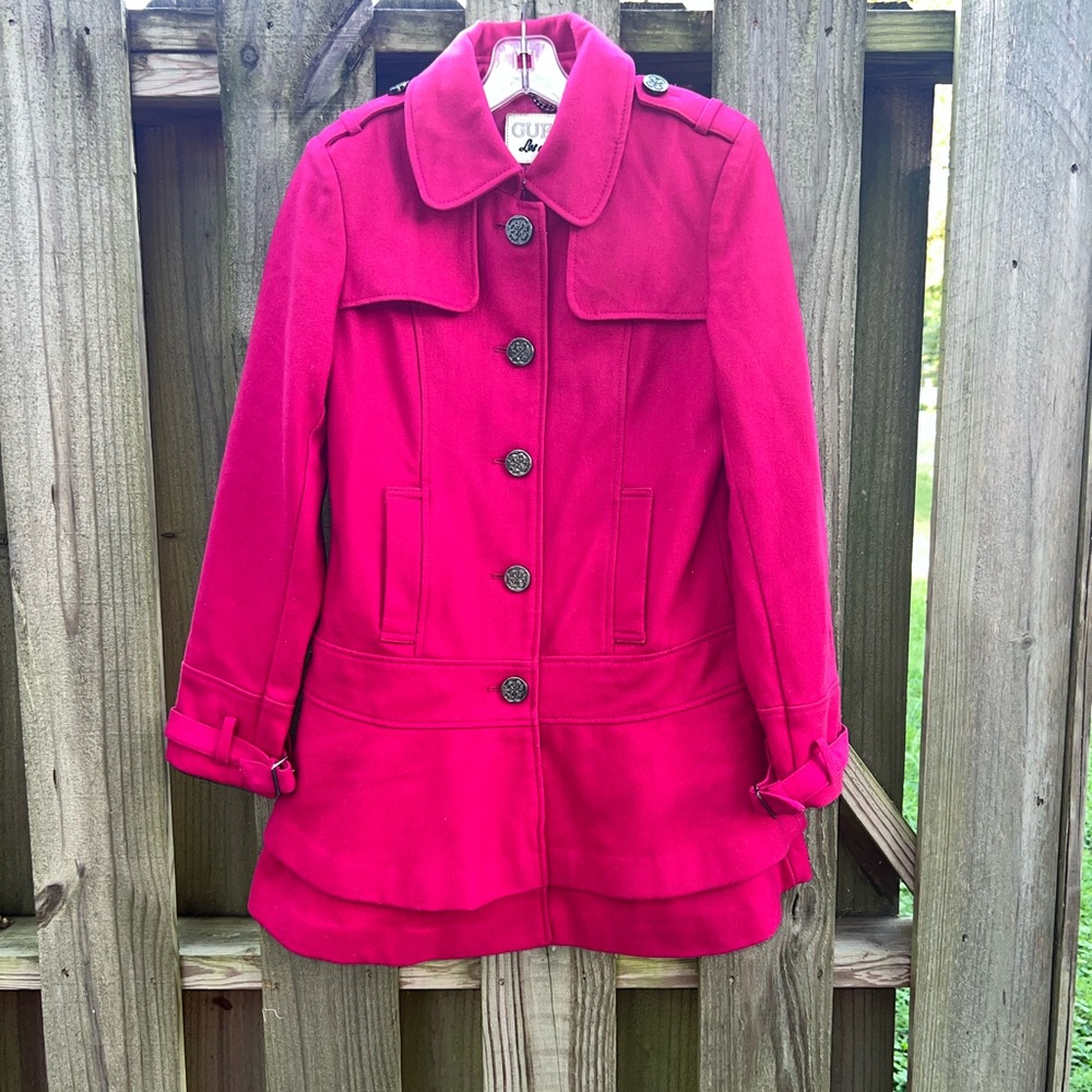 Guess Los Angeles fuchsia ruffle pea coat